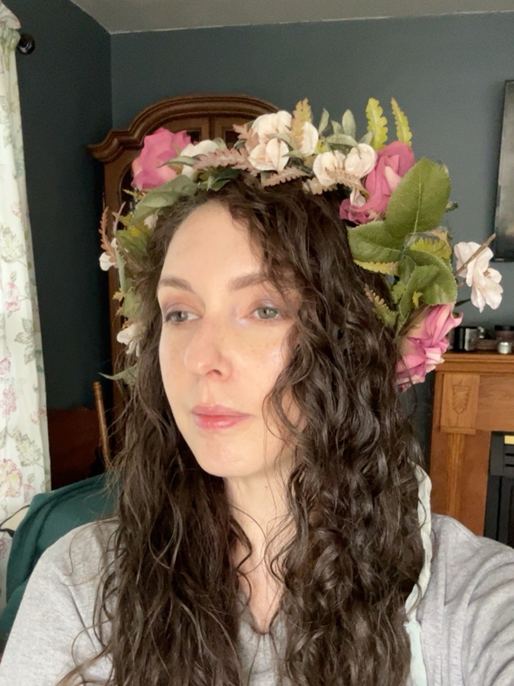 Flower Crown with roses cherry blossom ferns Headpiece faux silk flowers ribbon